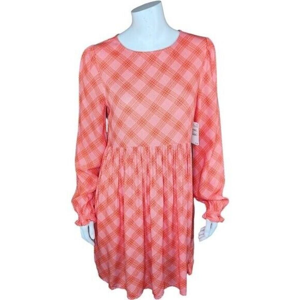 BP. Womens Small Pink Red Ian Bias Plaid Long Balloon Sleeve Midi Dress NWT